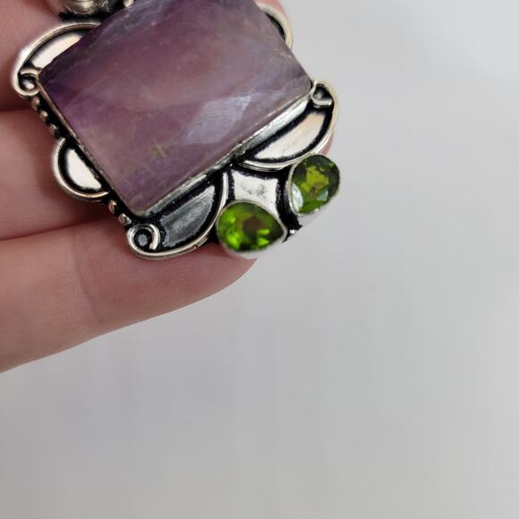 Handmade Silver Pendant with Banded Amethyst Jasper and Green Quartz Trio - Picture 6 of 10